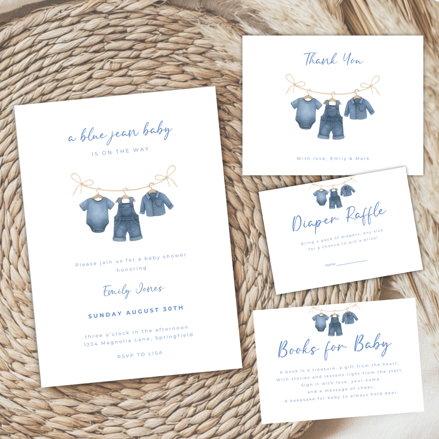 Baby Shower Invitation Bundle - Blue Jean Baby Denim Clothesline BS194