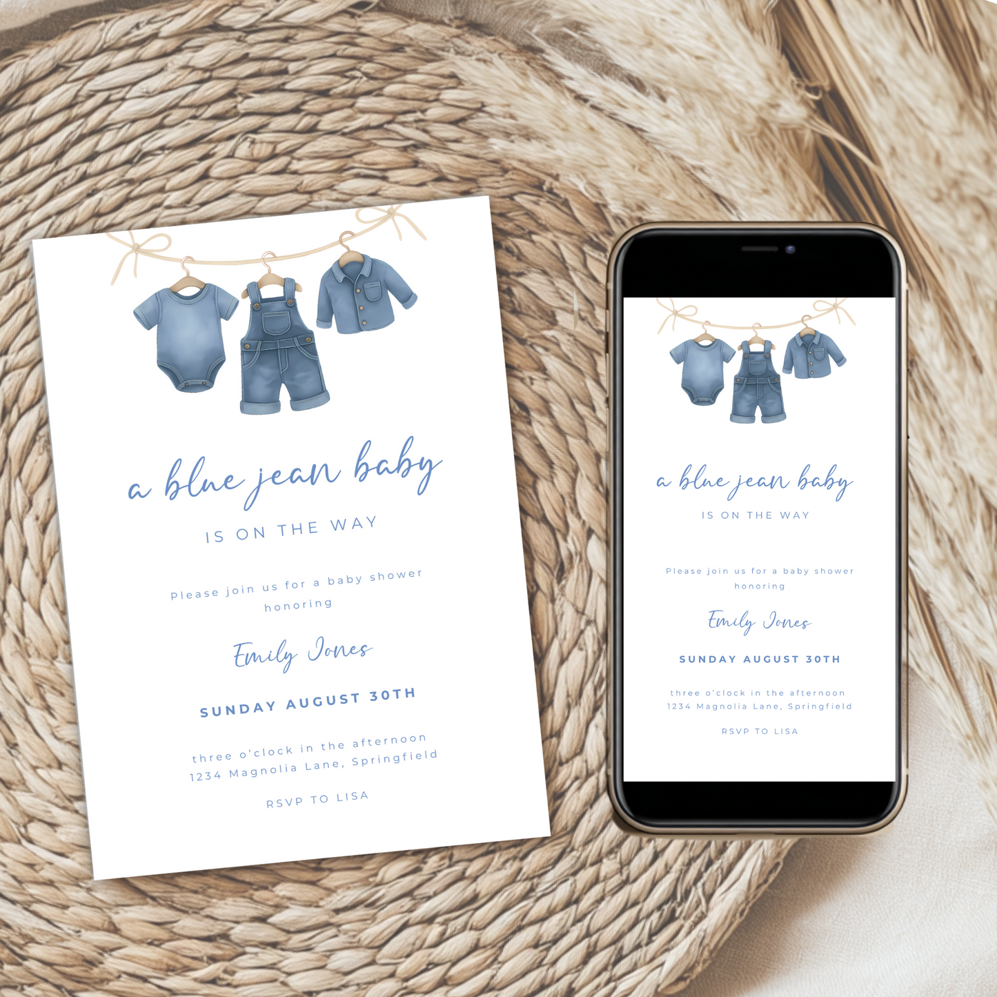 Baby Shower Invitation Bundle - Blue Jean Baby Denim Clothesline BS194
