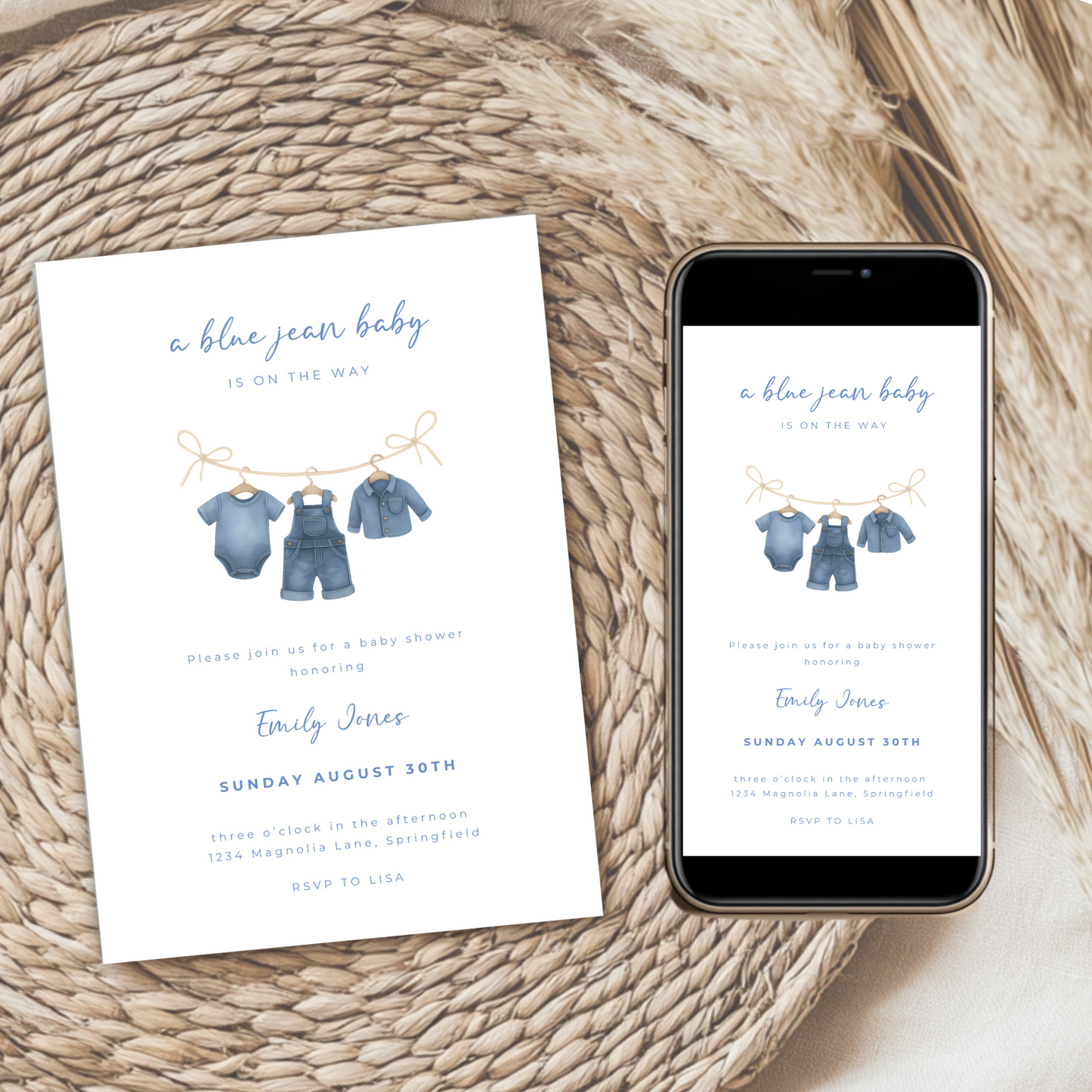 Baby Shower Invitation Bundle - Blue Jean Baby Denim Clothesline BS194