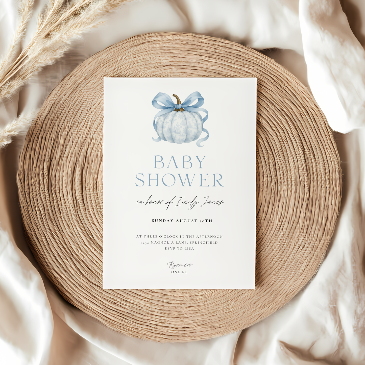 Baby Shower Invitation - Blue Pumpkin with Bow Toile de Jouy BS189