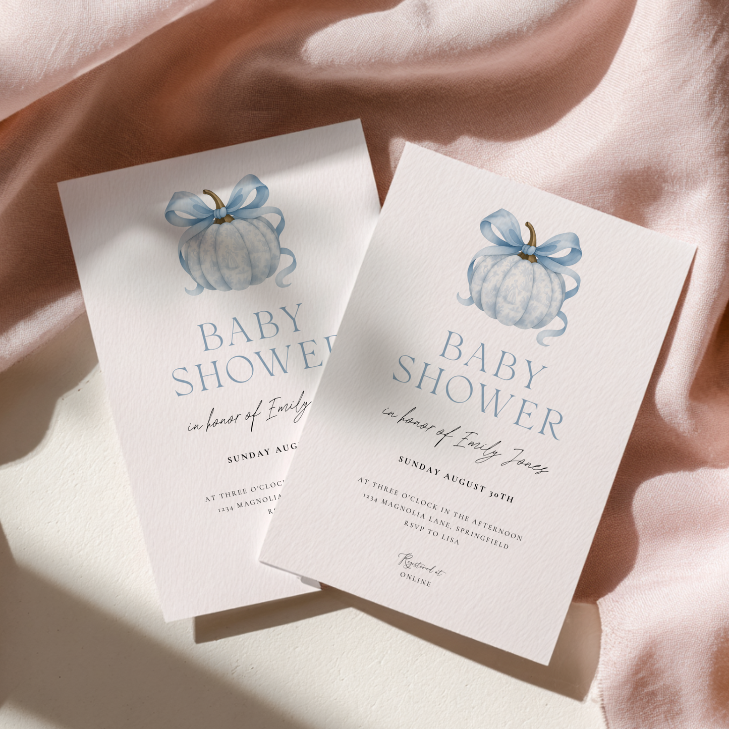 Baby Shower Invitation - Blue Pumpkin with Bow Toile de Jouy BS189