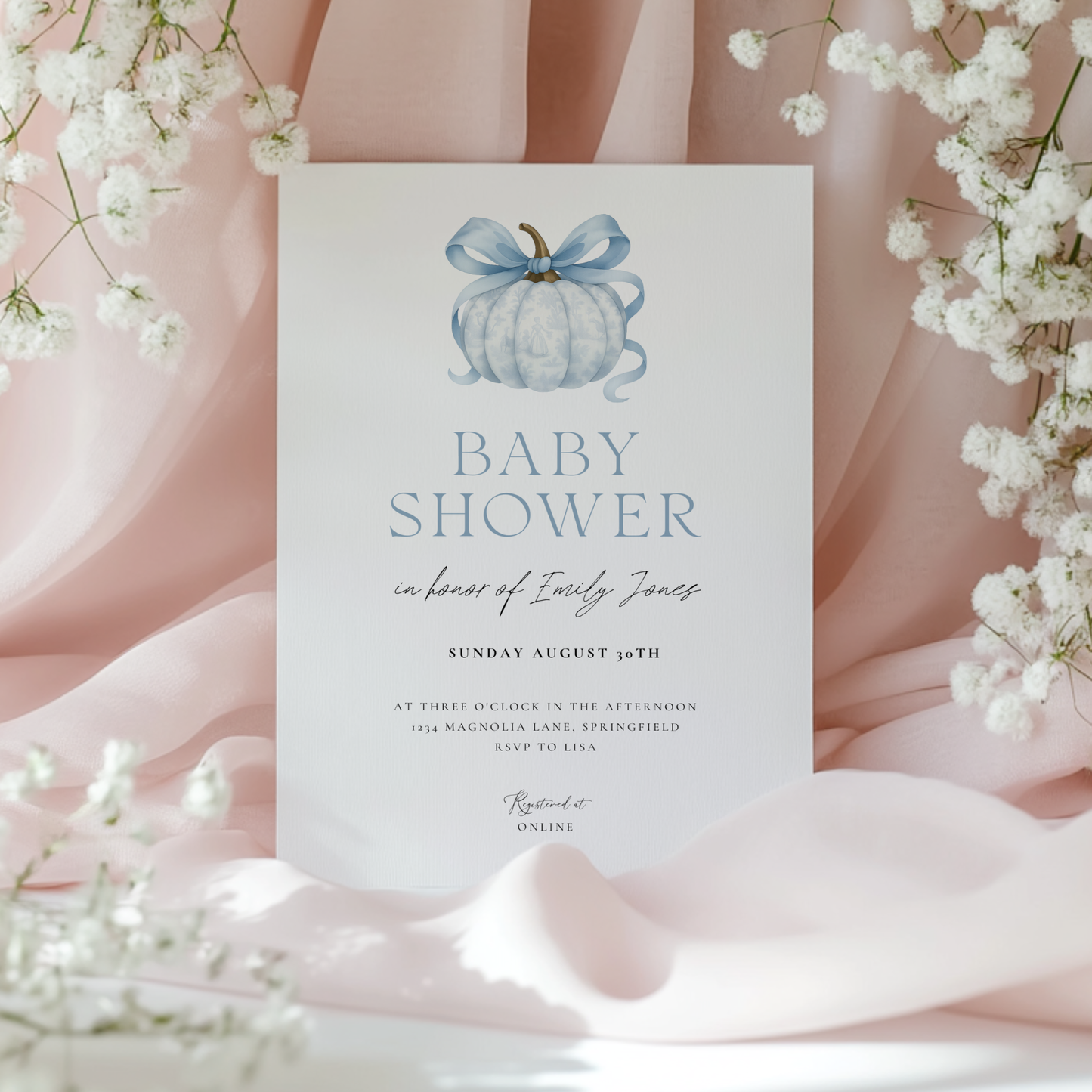 Baby Shower Invitation - Blue Pumpkin with Bow Toile de Jouy BS189