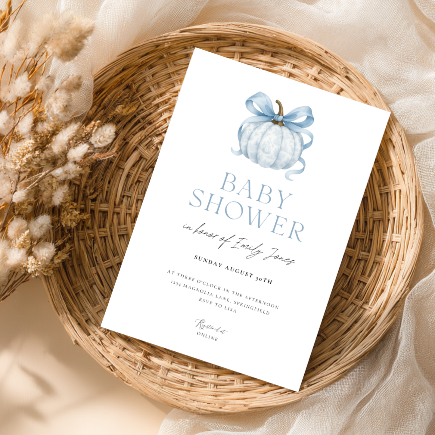 Baby Shower Invitation - Blue Pumpkin with Bow Toile de Jouy BS189