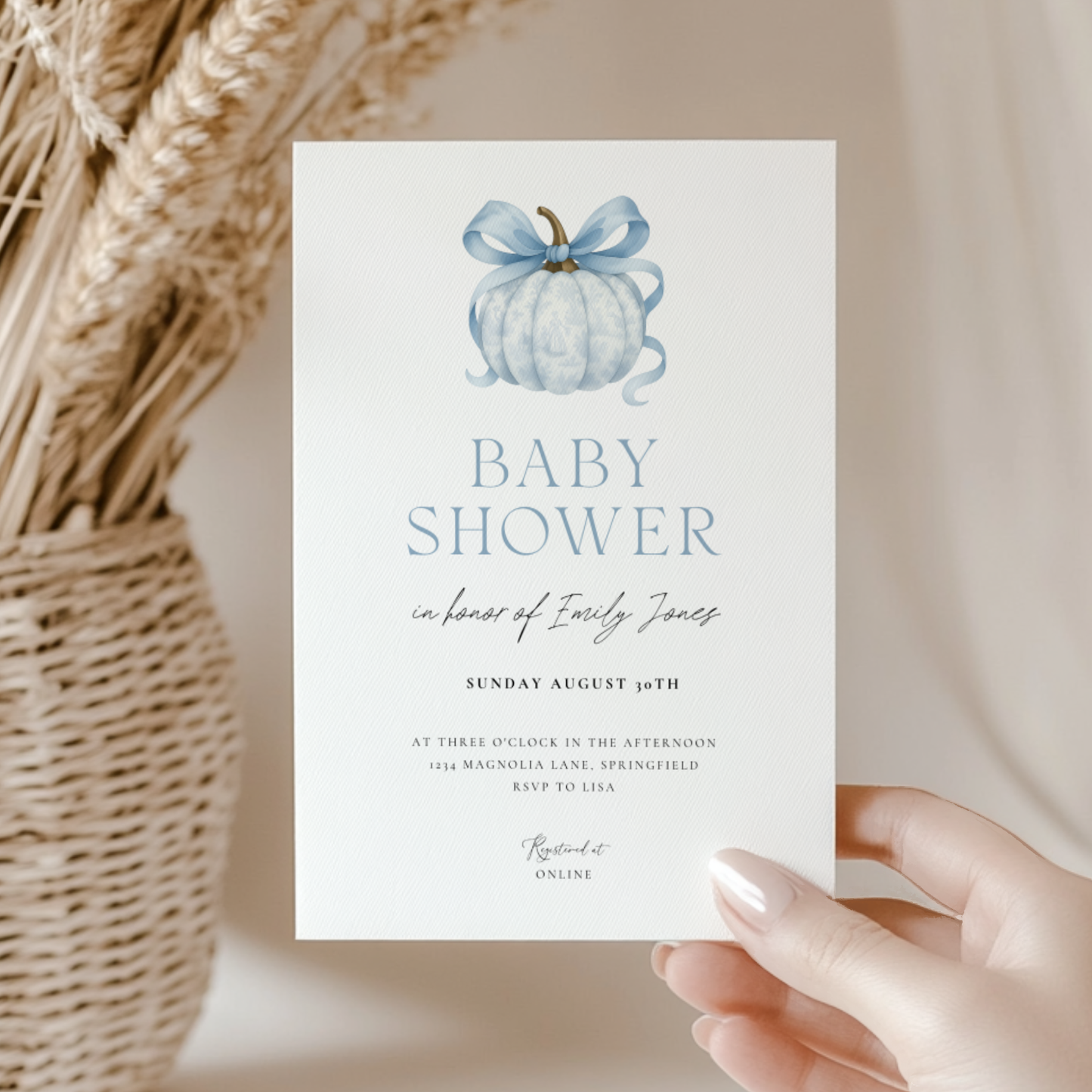 Baby Shower Invitation - Blue Pumpkin with Bow Toile de Jouy BS189