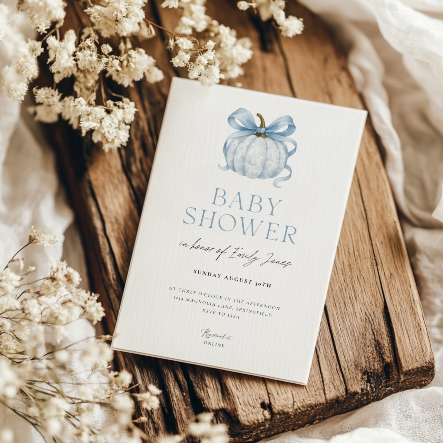 Baby Shower Invitation - Blue Pumpkin with Bow Toile de Jouy BS189