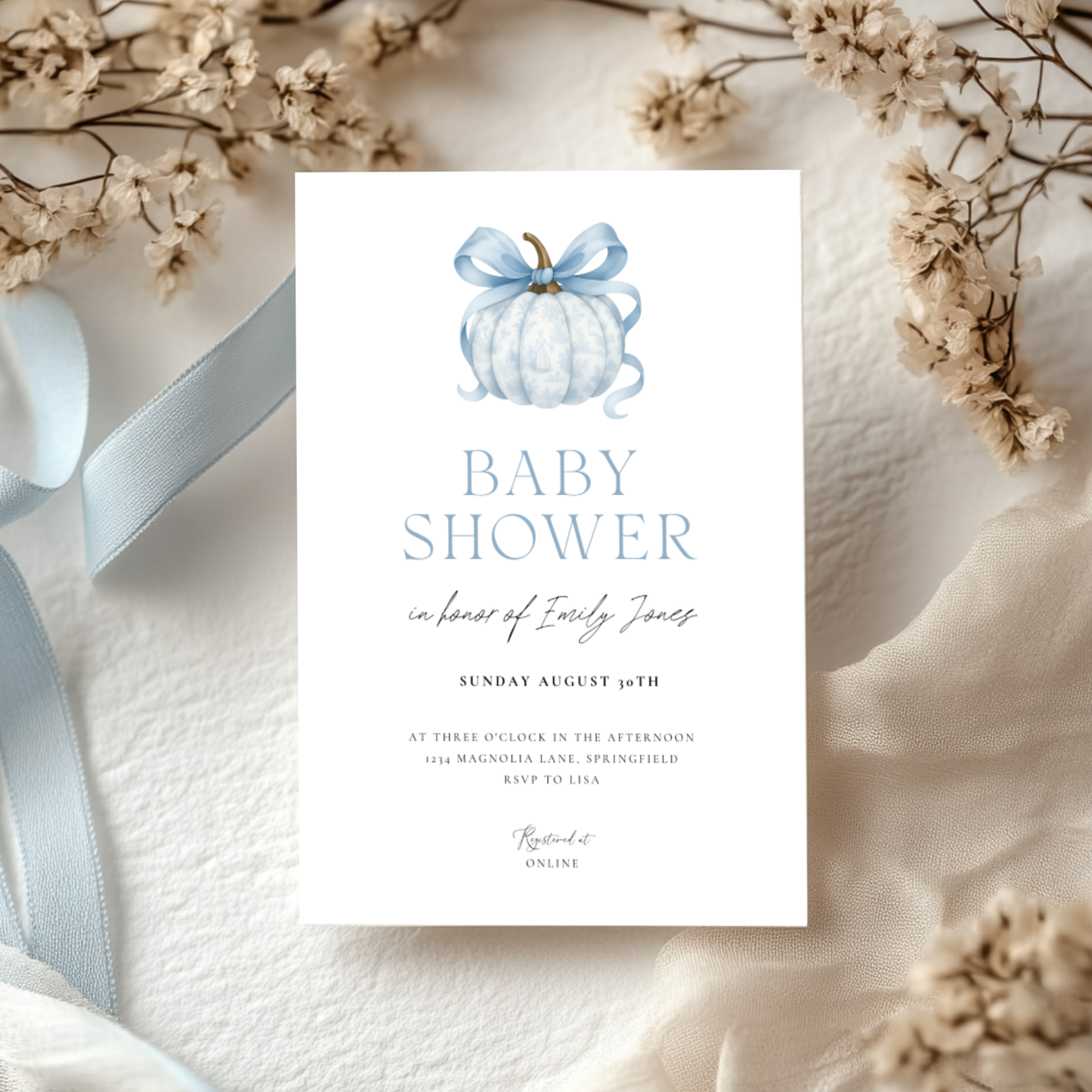 Baby Shower Invitation - Blue Pumpkin with Bow Toile de Jouy BS189