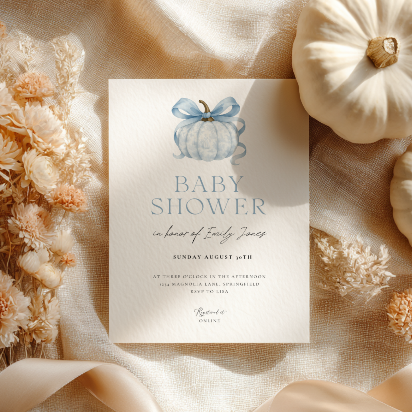 Baby Shower Invitation - Blue Pumpkin with Bow Toile de Jouy BS189