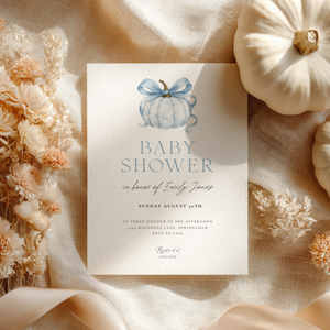 Baby Shower Invitation - Blue Pumpkin with Bow Toile de Jouy BS189