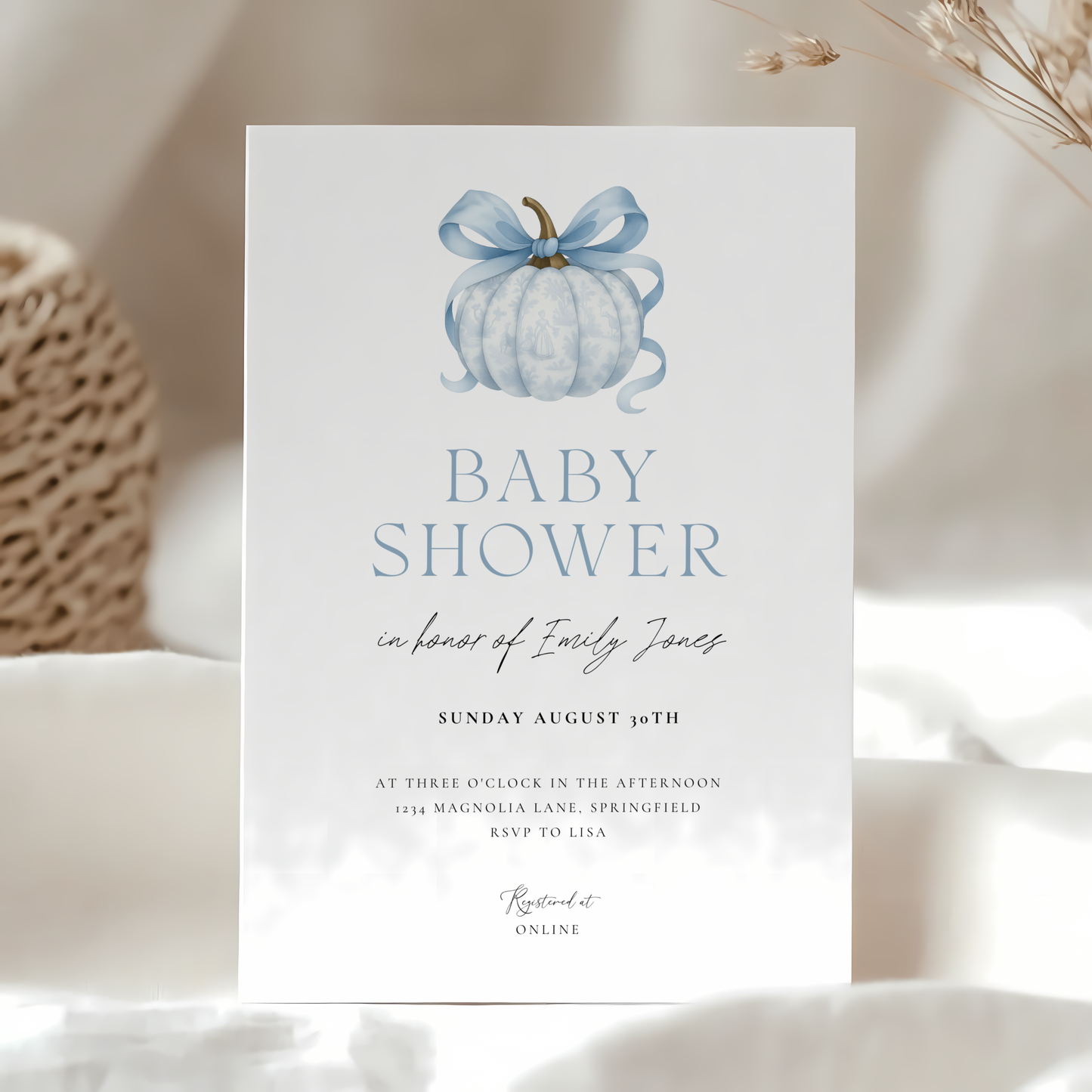 Baby Shower Invitation - Blue Pumpkin with Bow Toile de Jouy BS189