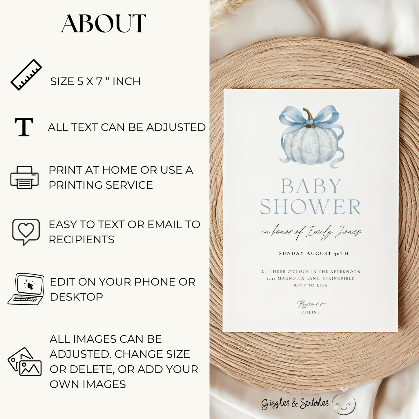 Baby Shower Invitation - Blue Pumpkin with Bow Toile de Jouy BS189
