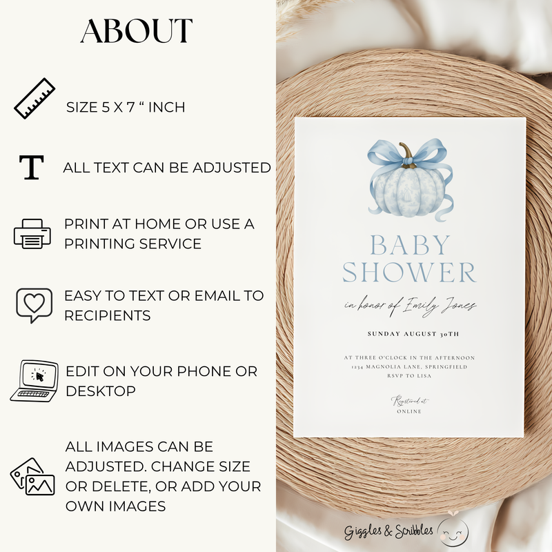 Baby Shower Invitation - Blue Pumpkin with Bow Toile de Jouy BS189