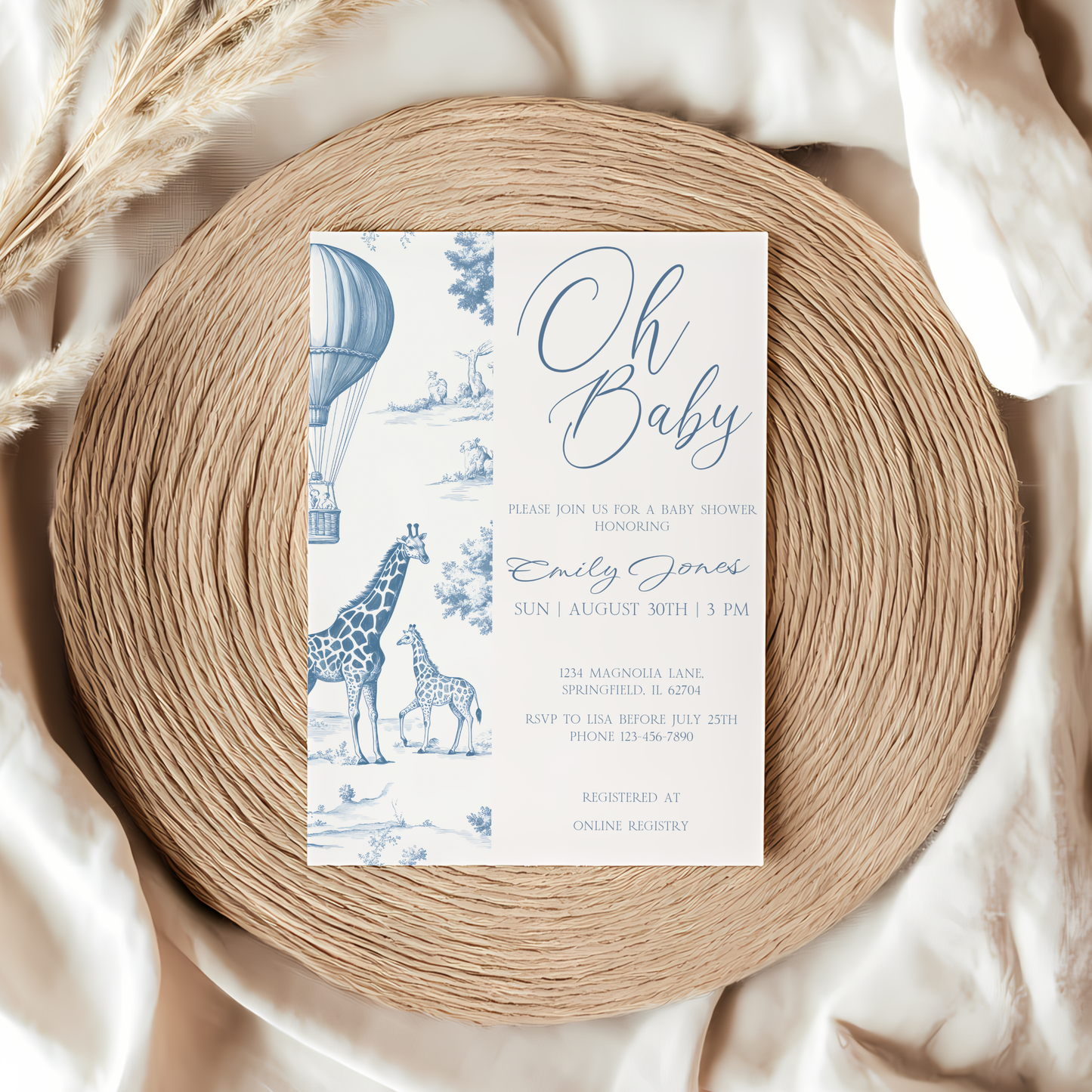 Baby Shower Invitation - Blue Toile de Jouy Safari Elegant Hot Air Balloon BS121