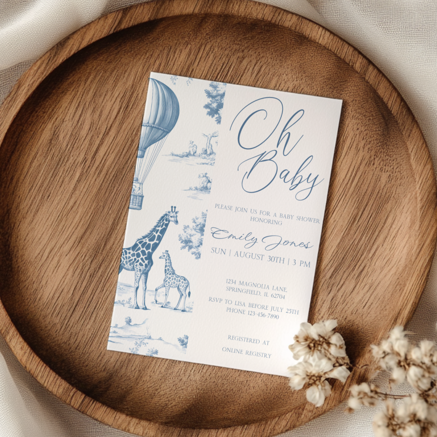 Baby Shower Invitation - Blue Toile de Jouy Safari Elegant Hot Air Balloon BS121