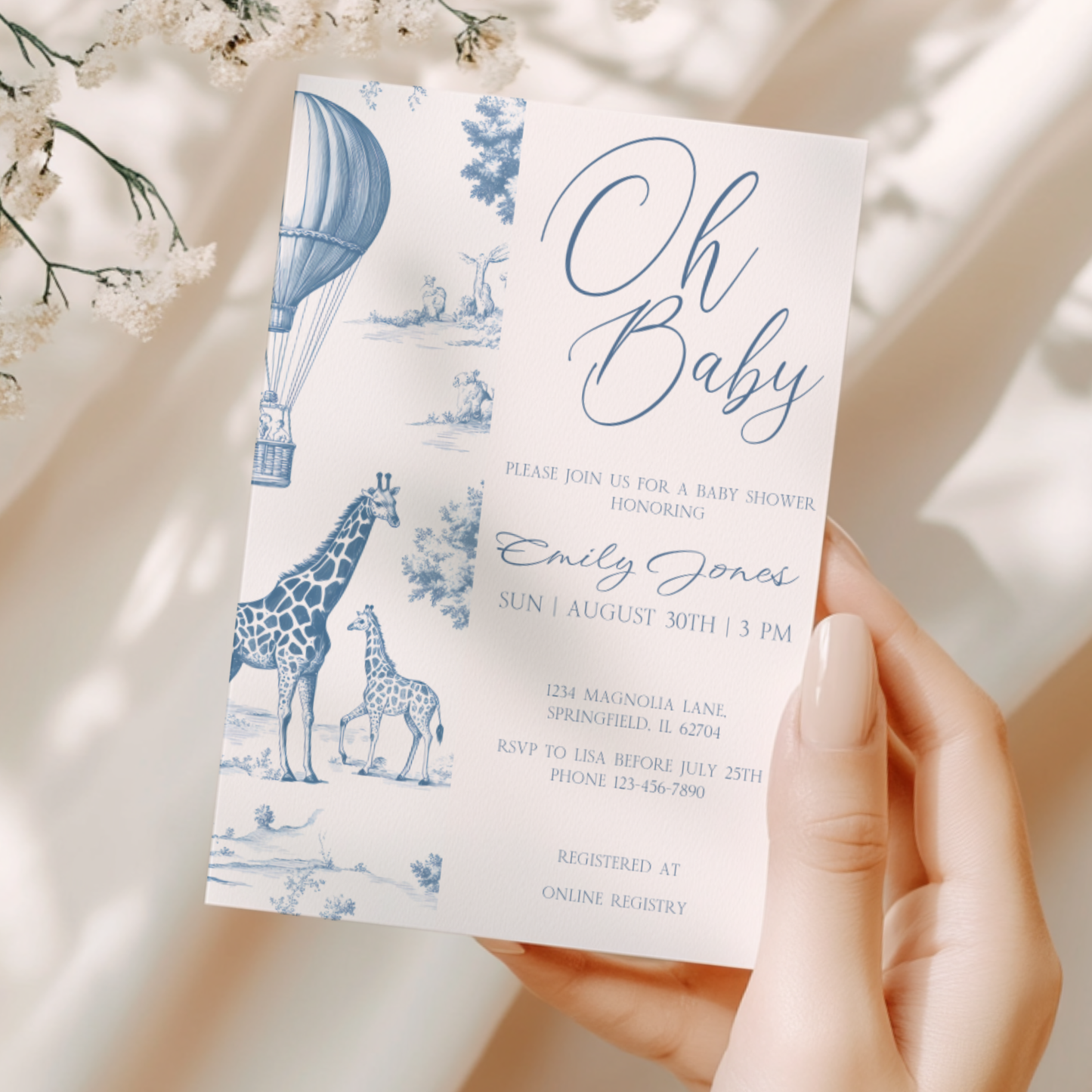 Baby Shower Invitation - Blue Toile de Jouy Safari Elegant Hot Air Balloon BS121
