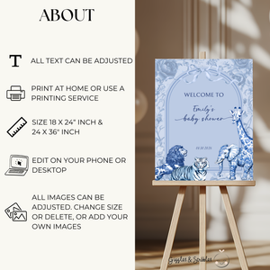 Baby Shower Welcome Sign - Blue Toile de Jouy Safari BS85