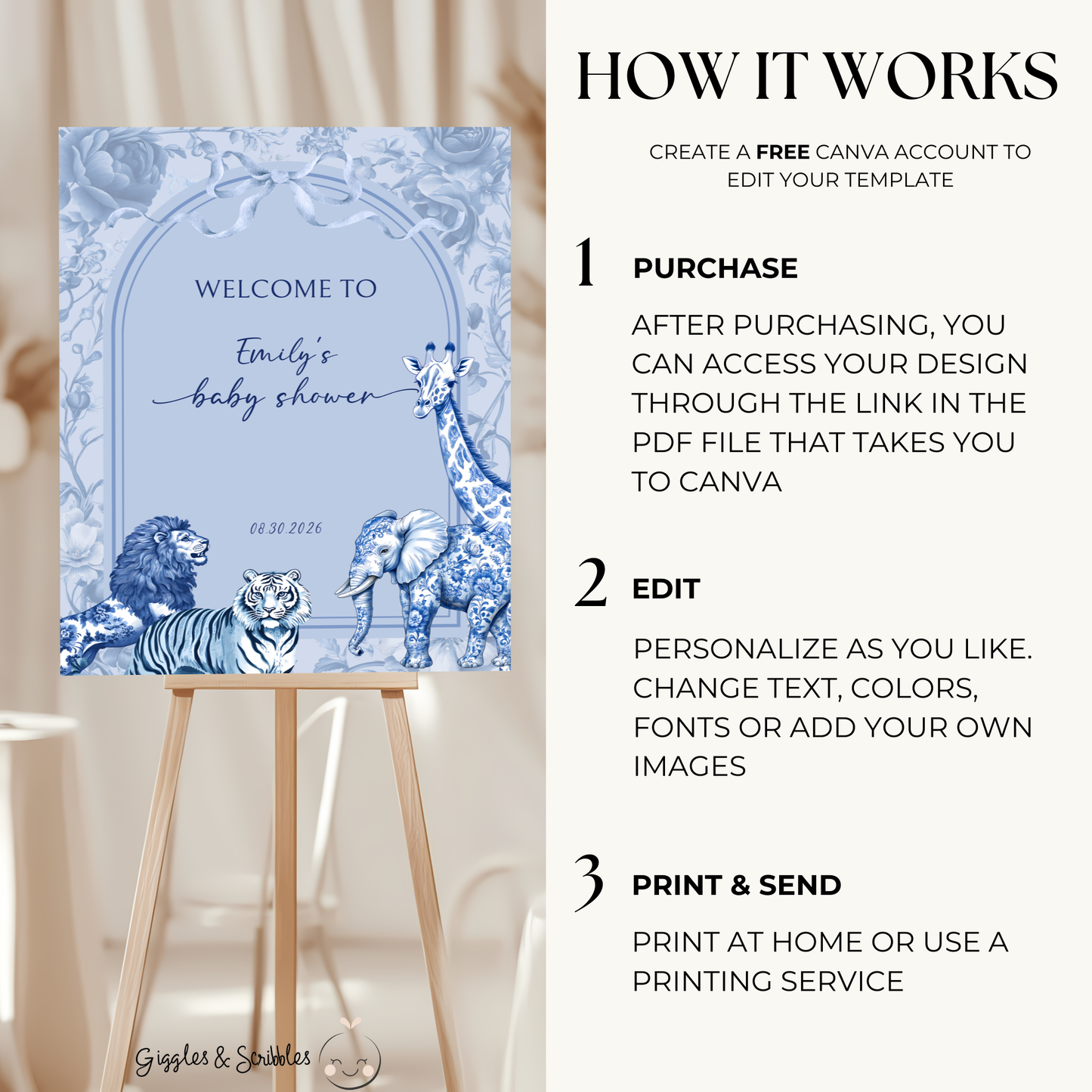 Baby Shower Welcome Sign - Blue Toile de Jouy Safari BS85