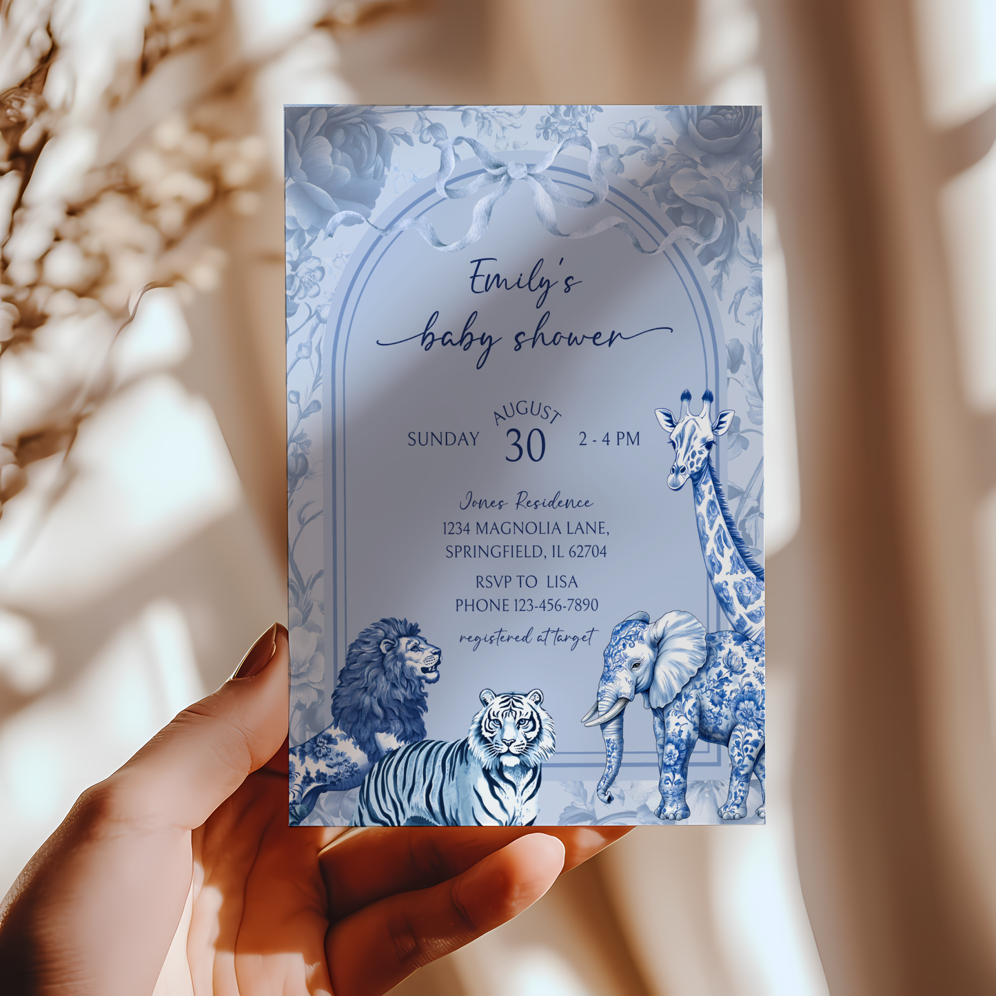 Baby Shower Invitation - Blue Toile Safari Jungle BS85