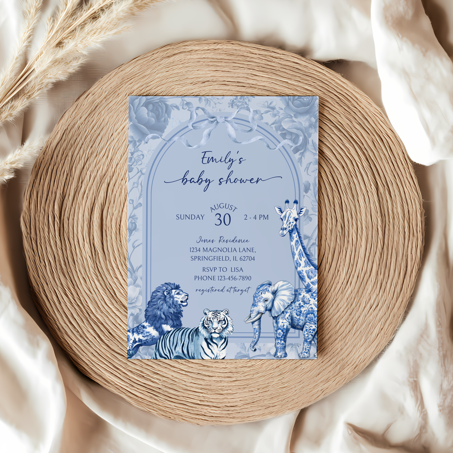 Baby Shower Invitation - Blue Toile Safari Jungle BS85