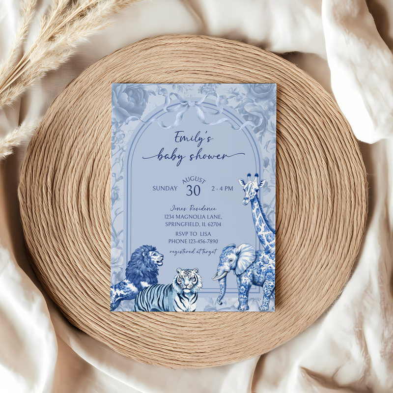 Baby Shower Invitation - Blue Toile Safari Jungle BS85