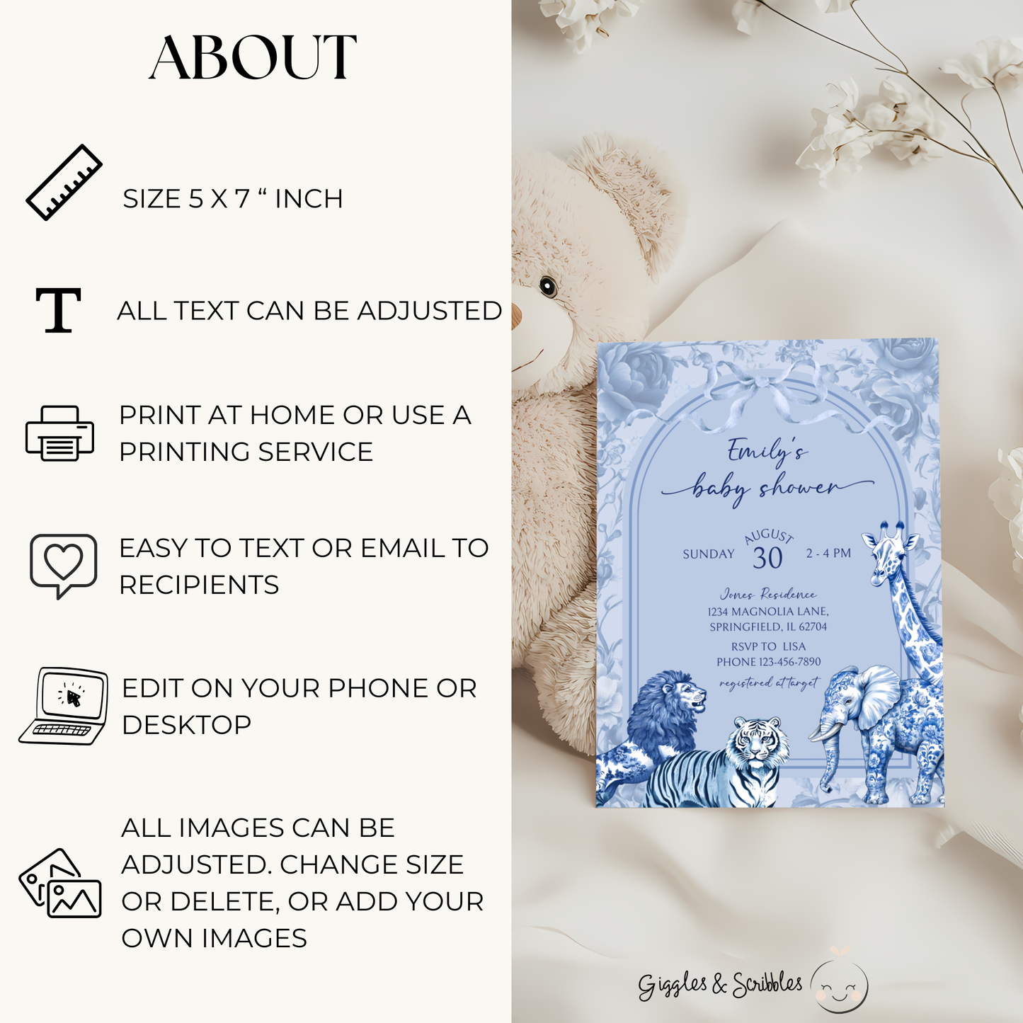 Baby Shower Invitation - Blue Toile Safari Jungle BS85