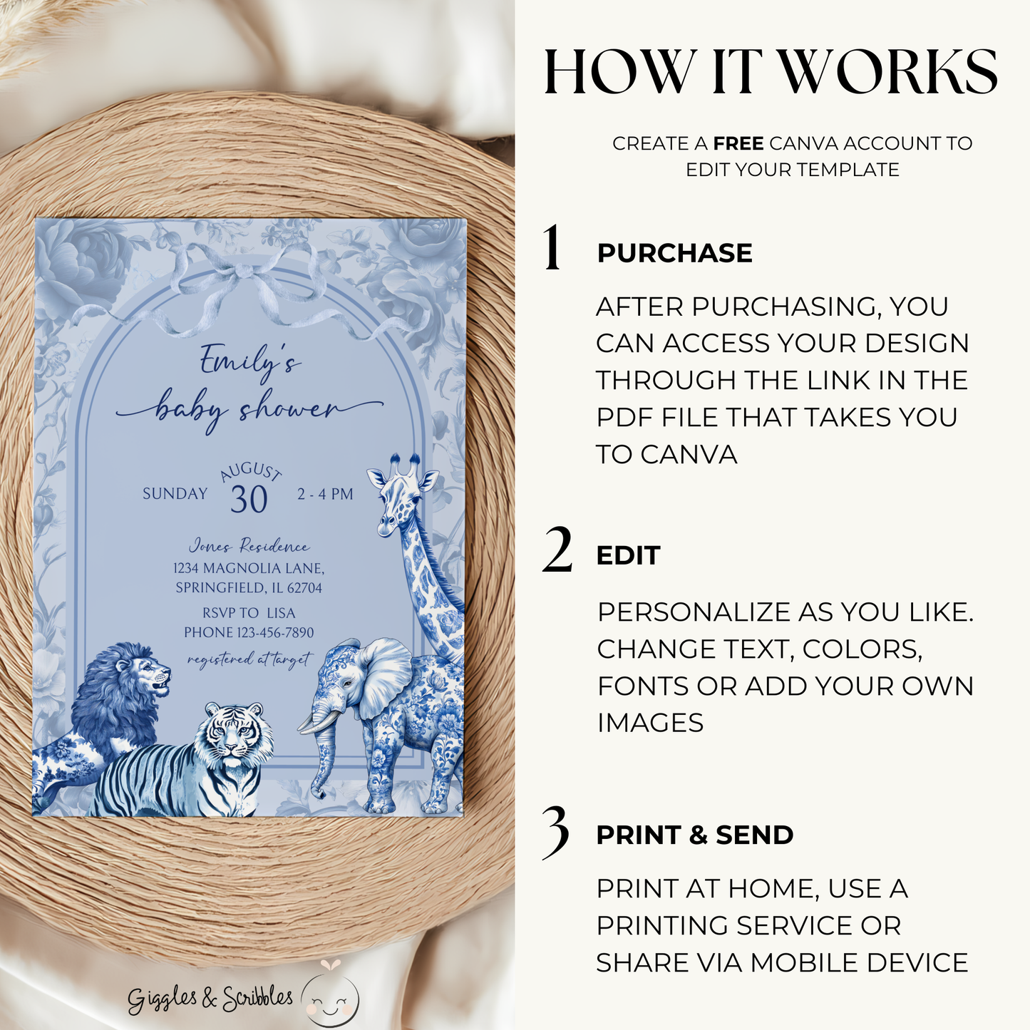 Baby Shower Invitation - Blue Toile Safari Jungle BS85