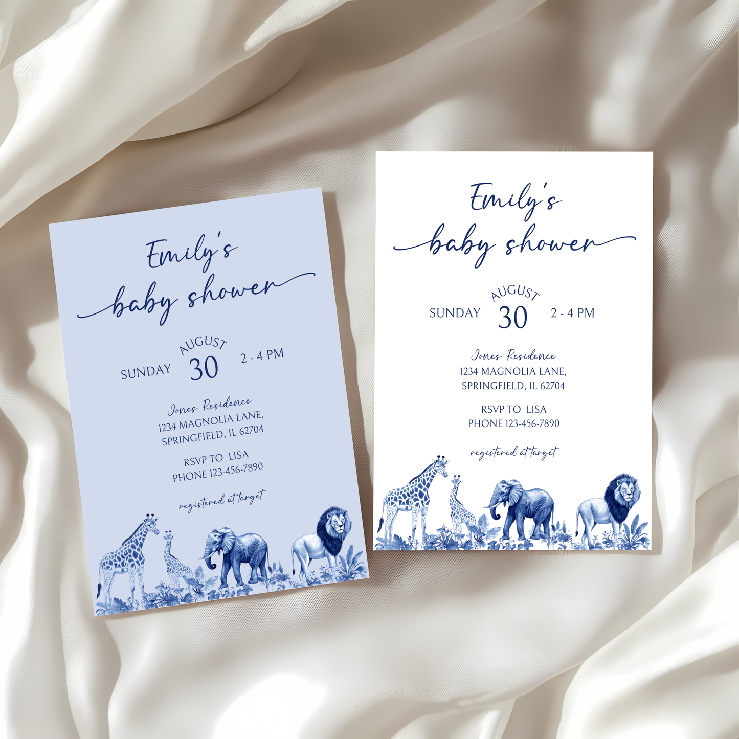 Baby Shower Invitation - Blue Safari Toile de Jouy Jungle BS91