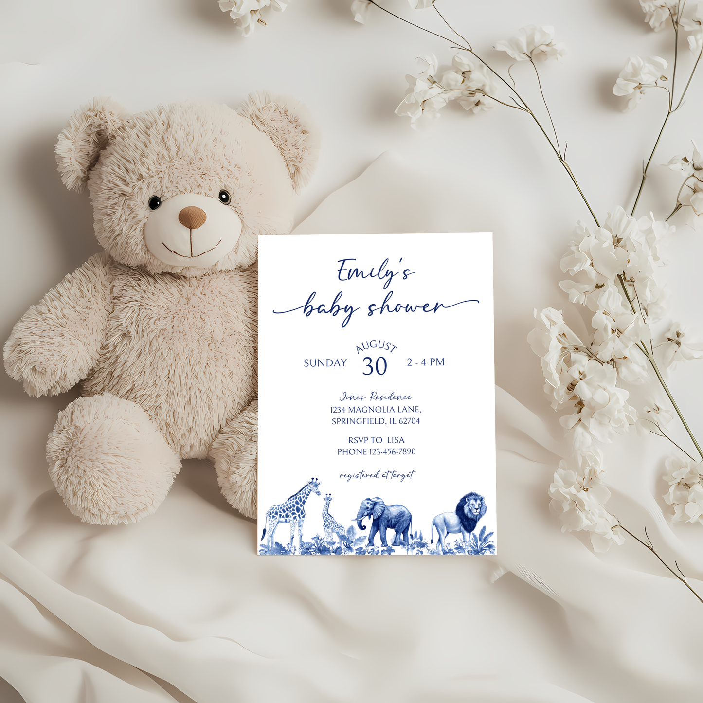 Baby Shower Invitation - Blue Safari Toile de Jouy Jungle BS91