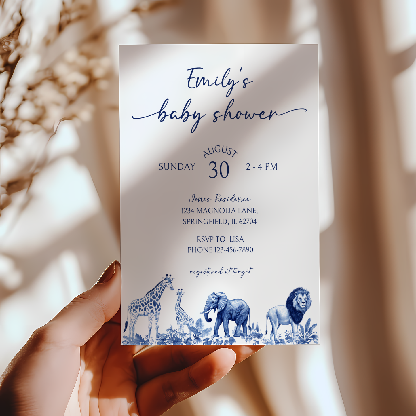 Baby Shower Invitation - Blue Safari Toile de Jouy Jungle BS91
