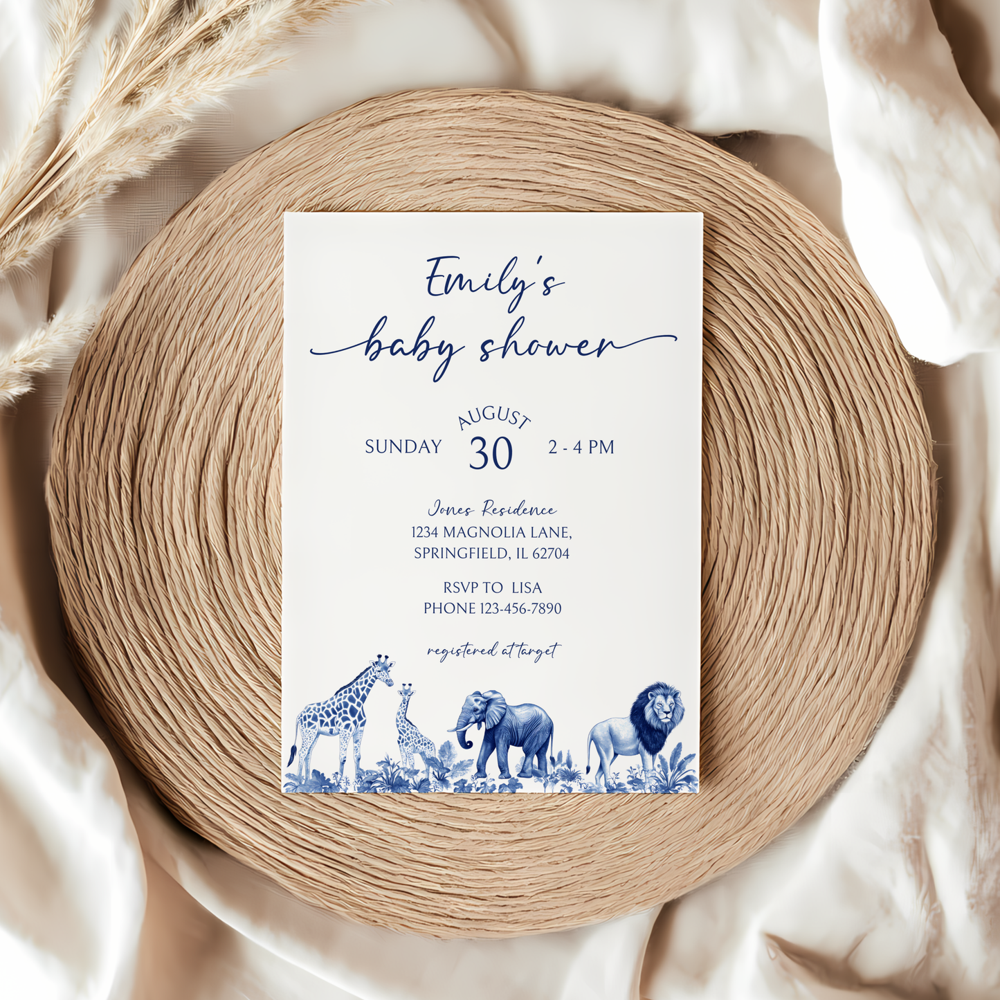 Baby Shower Invitation - Blue Safari Toile de Jouy Jungle BS91