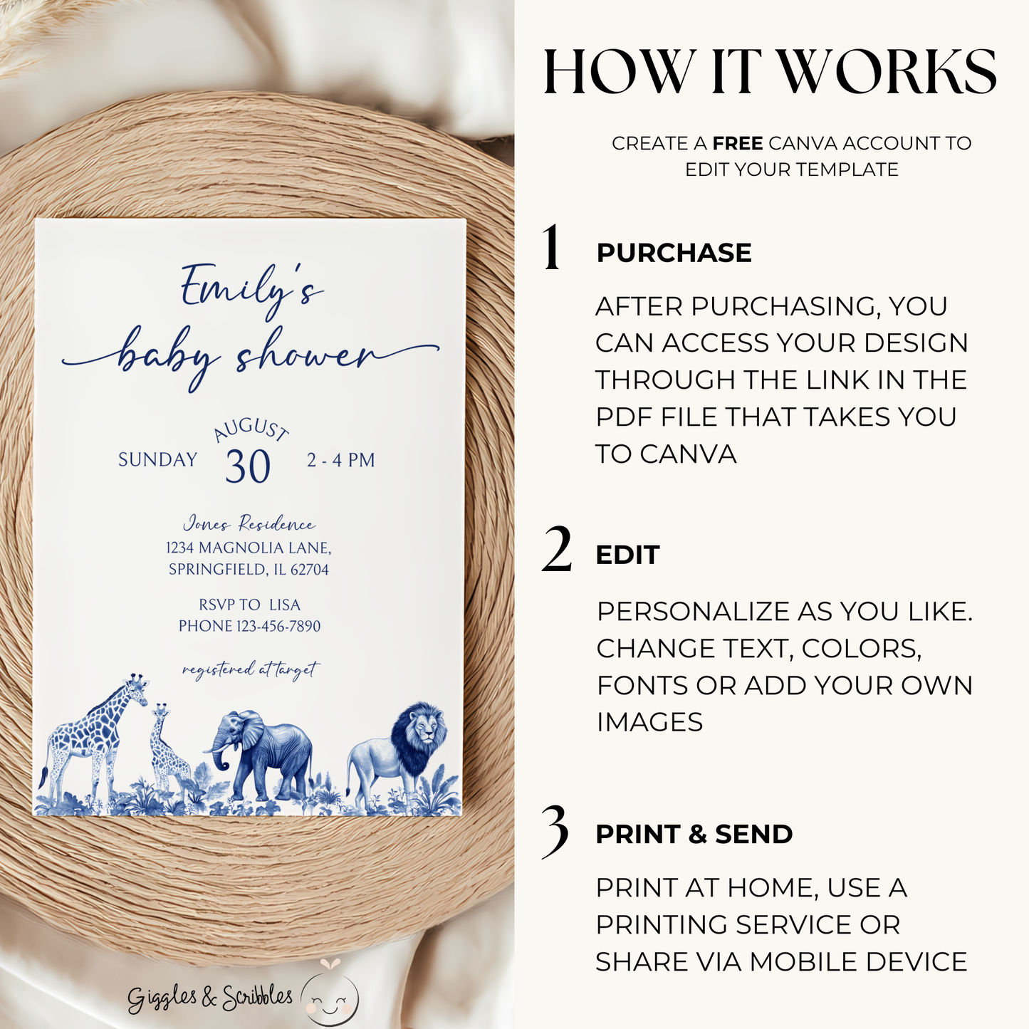 Baby Shower Invitation - Blue Safari Toile de Jouy Jungle BS91