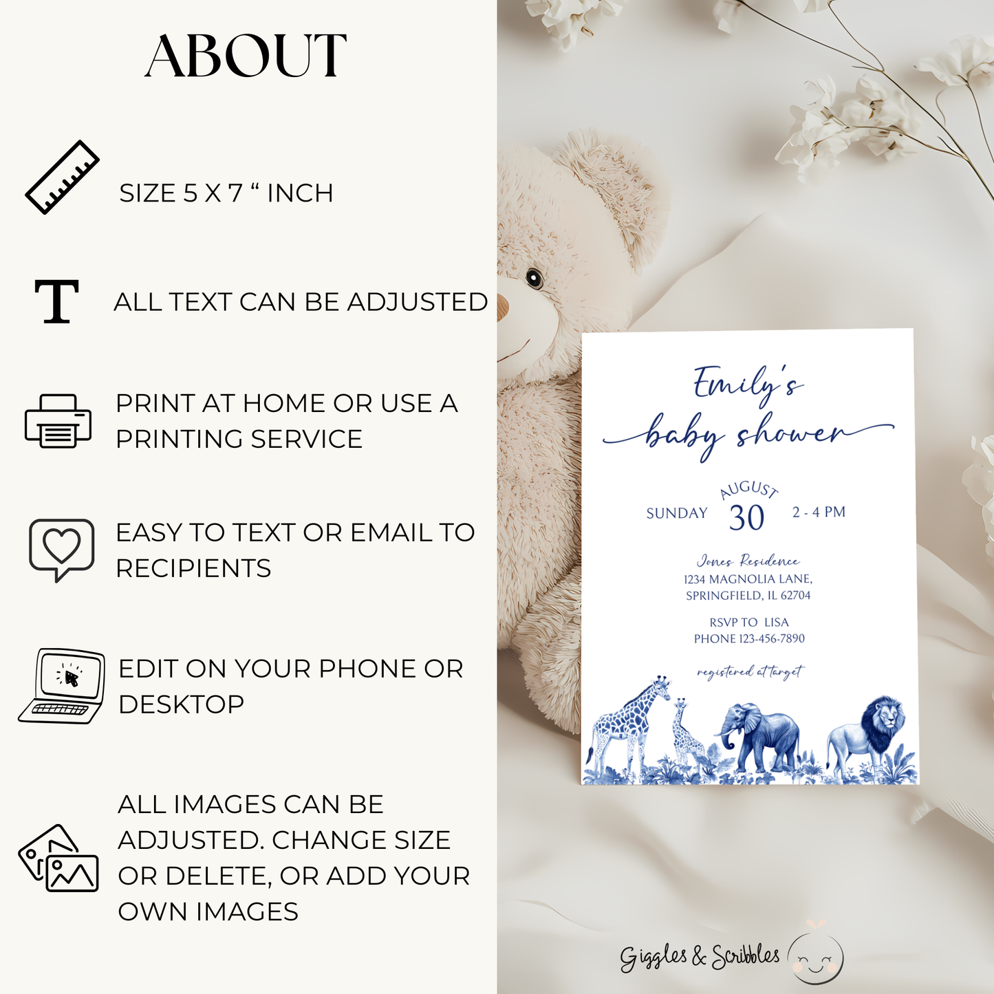 Baby Shower Invitation - Blue Safari Toile de Jouy Jungle BS91