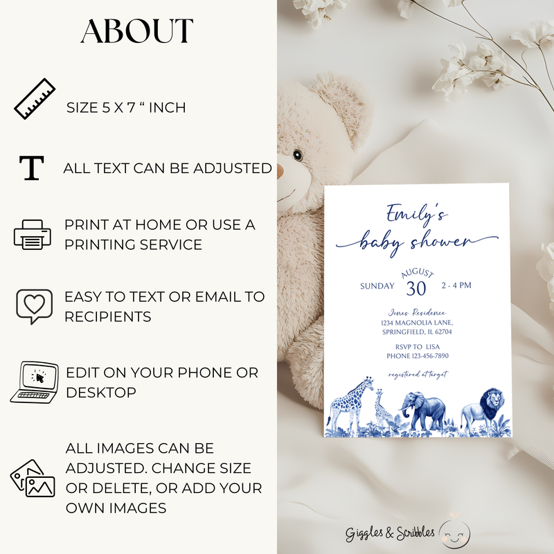 Baby Shower Invitation - Blue Safari Toile de Jouy Jungle BS91