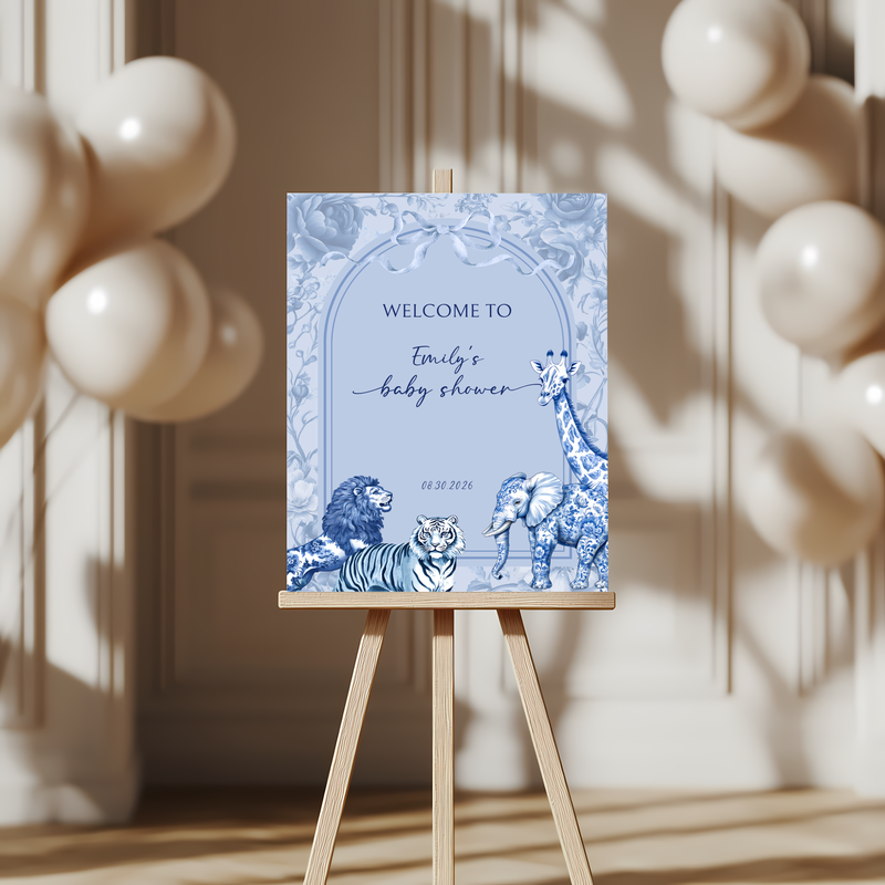 Baby Shower Welcome Sign - Blue Toile de Jouy Safari BS85