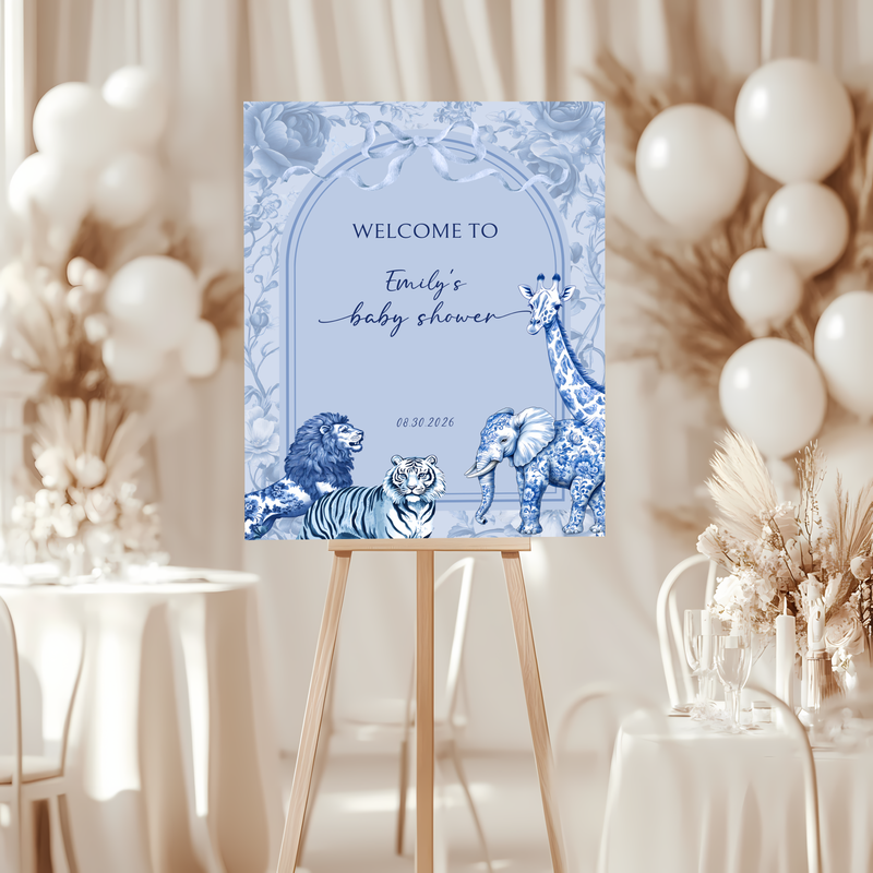 Baby Shower Welcome Sign - Blue Toile de Jouy Safari BS85