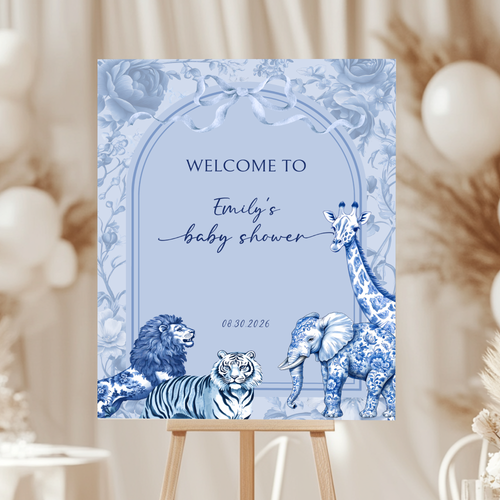 Baby Shower Welcome Sign - Blue Toile de Jouy Safari BS85