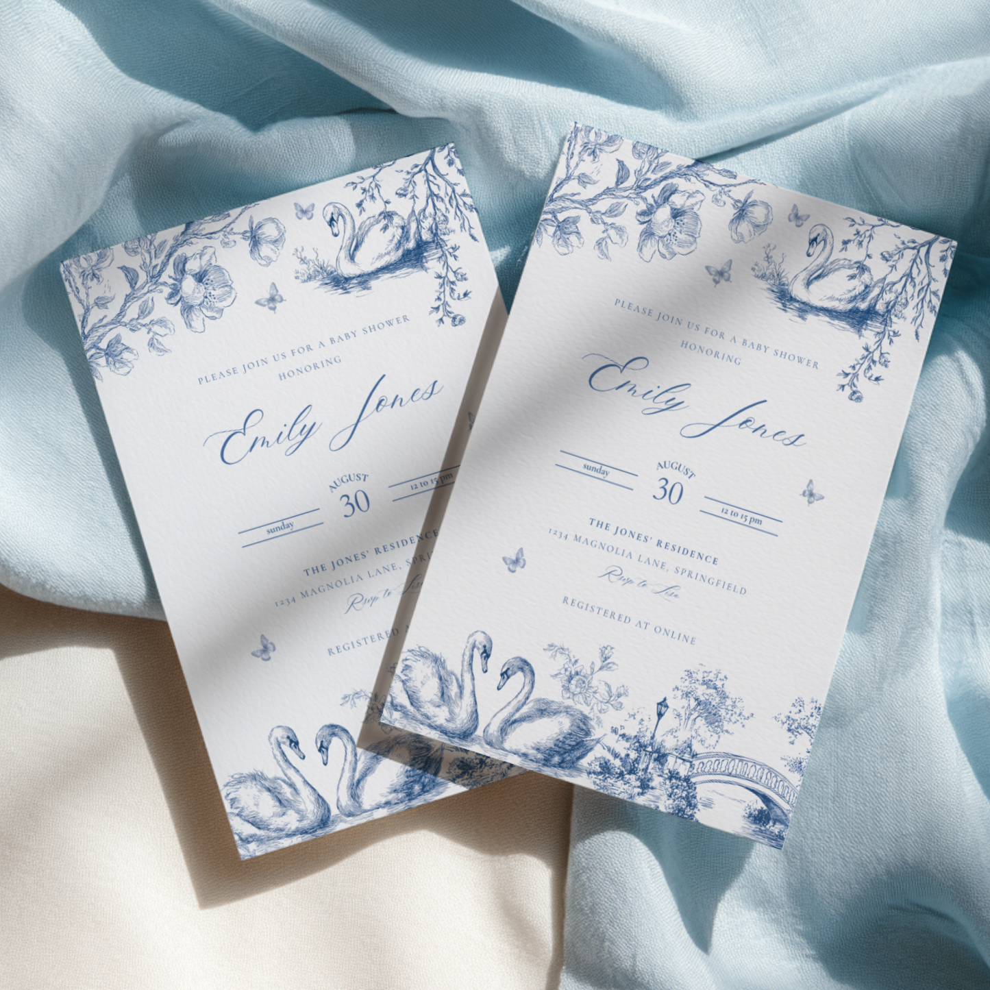 Baby Shower Invitation - Swan Lake Romantic Blue Toile de Jouy BS202