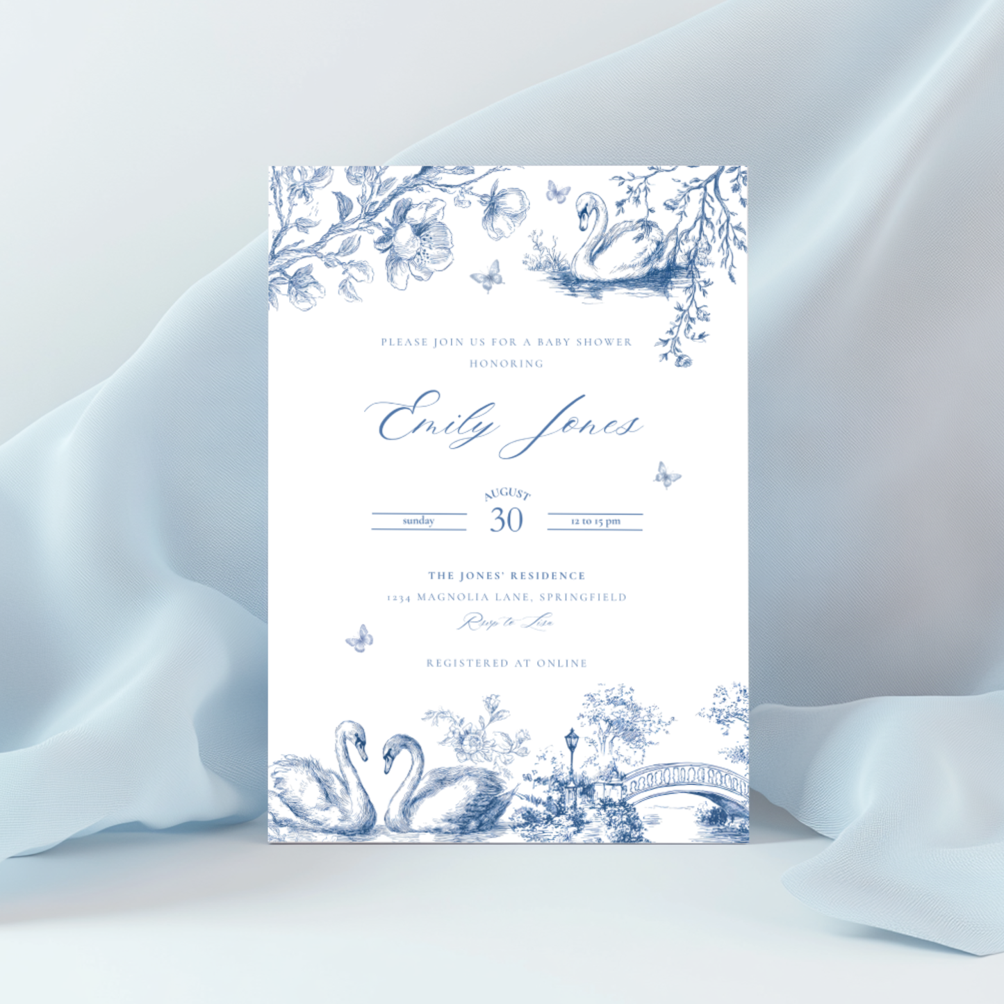 Baby Shower Invitation - Swan Lake Romantic Blue Toile de Jouy BS202