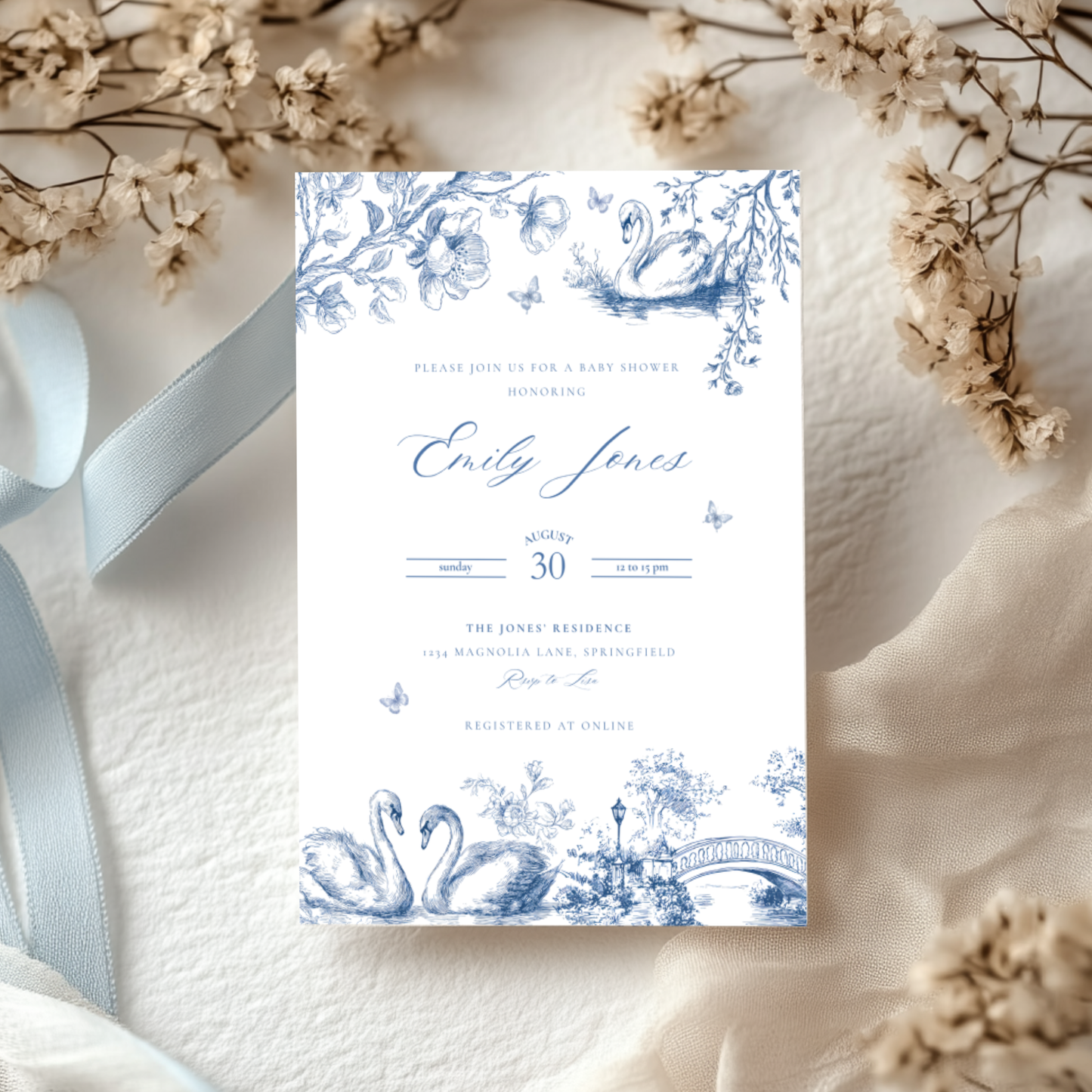 Baby Shower Invitation - Swan Lake Romantic Blue Toile de Jouy BS202