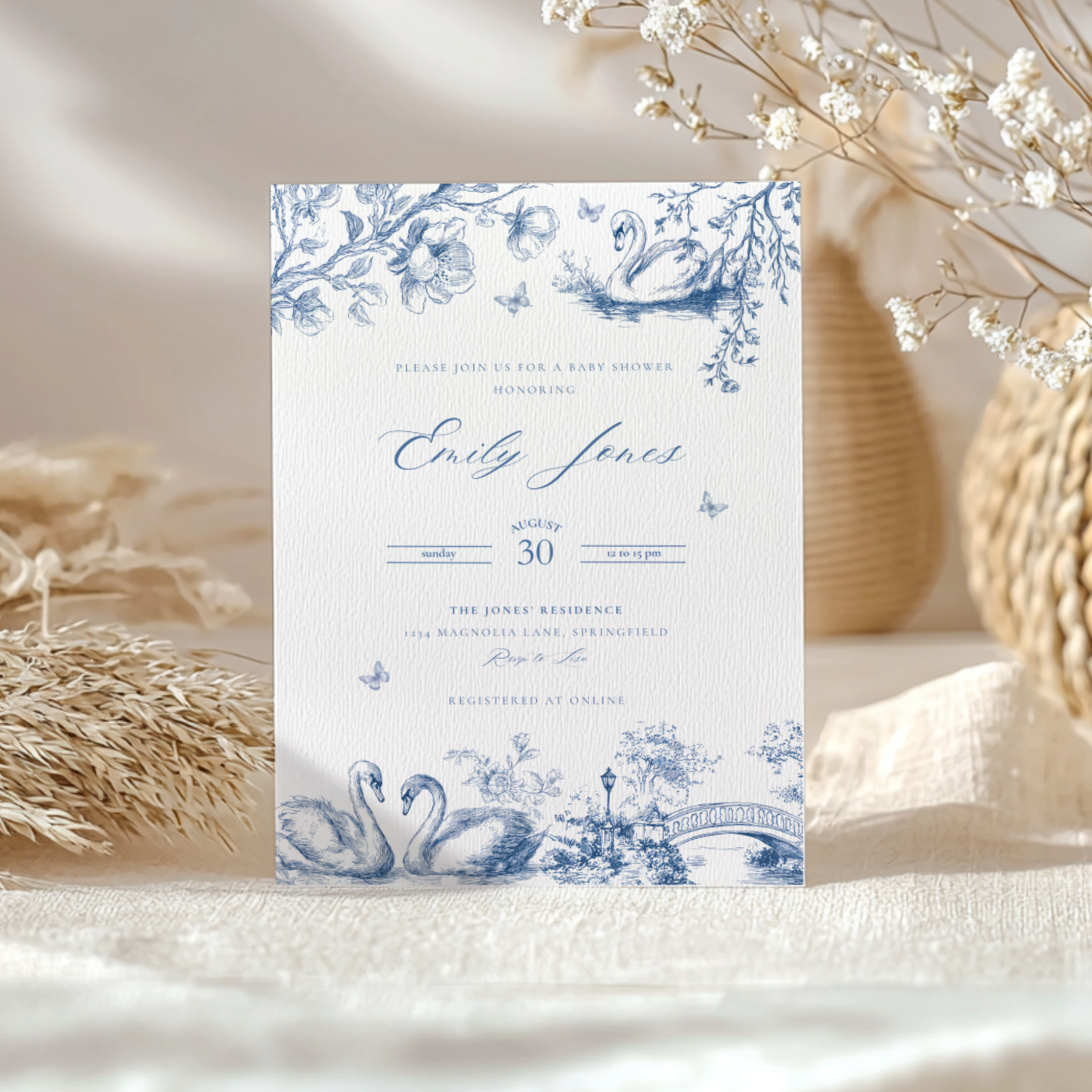 Baby Shower Invitation - Swan Lake Romantic Blue Toile de Jouy BS202