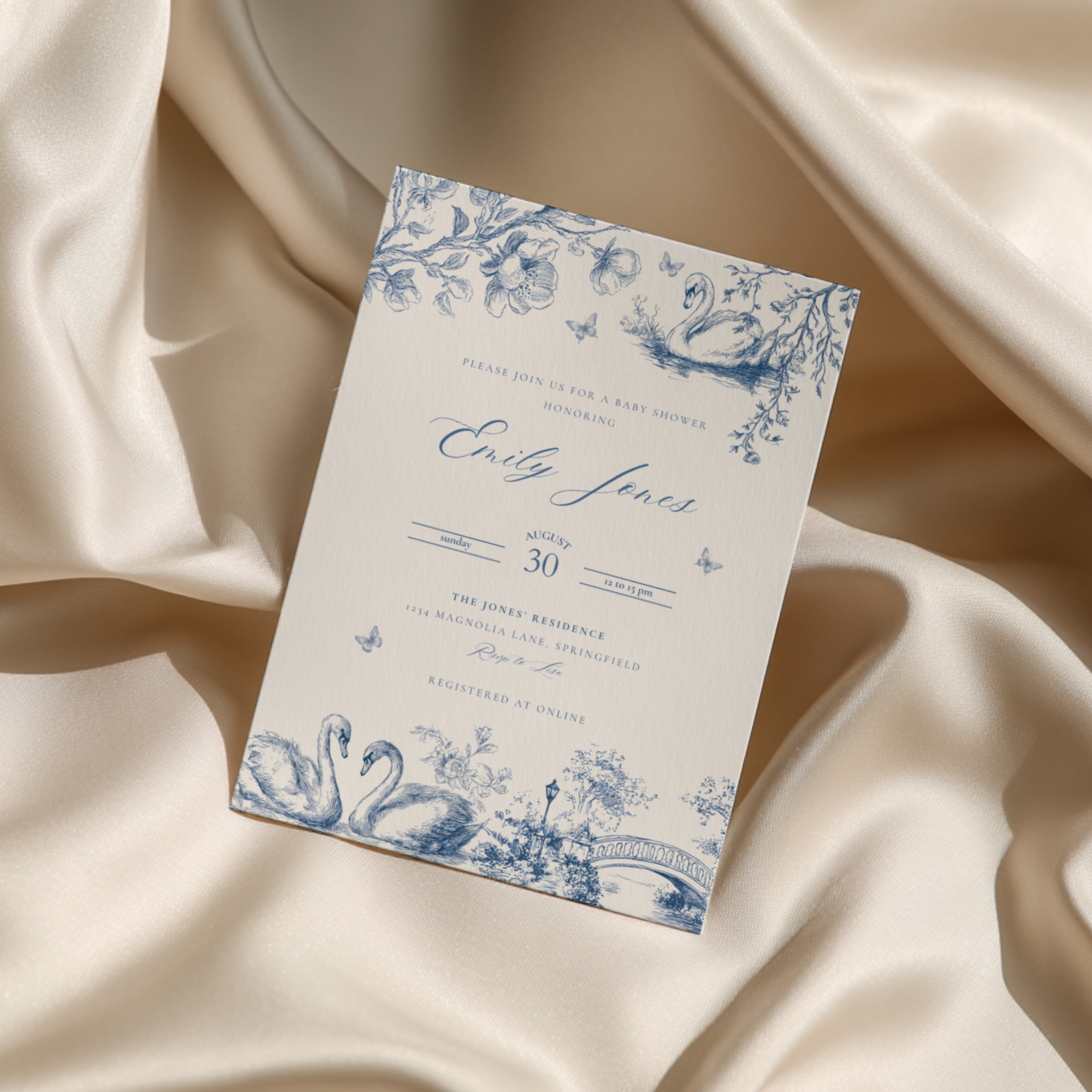 Baby Shower Invitation - Swan Lake Romantic Blue Toile de Jouy BS202