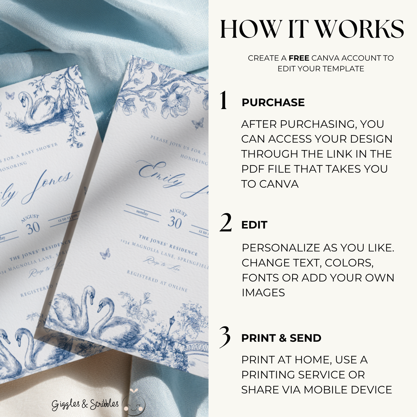Baby Shower Invitation - Swan Lake Romantic Blue Toile de Jouy BS202