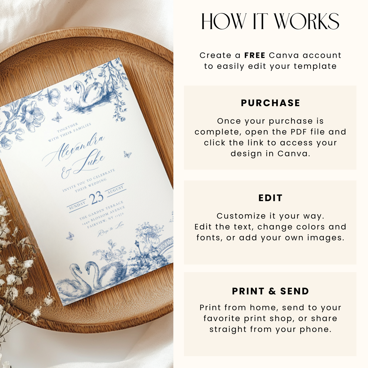 Swan Lake Blue Toile Wedding Invitation L80