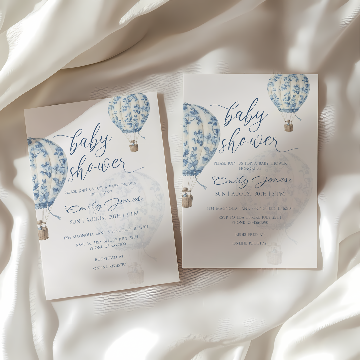 Baby Shower Invitation - Blue Toile de Jouy Hot Air Balloon Elegant BS120