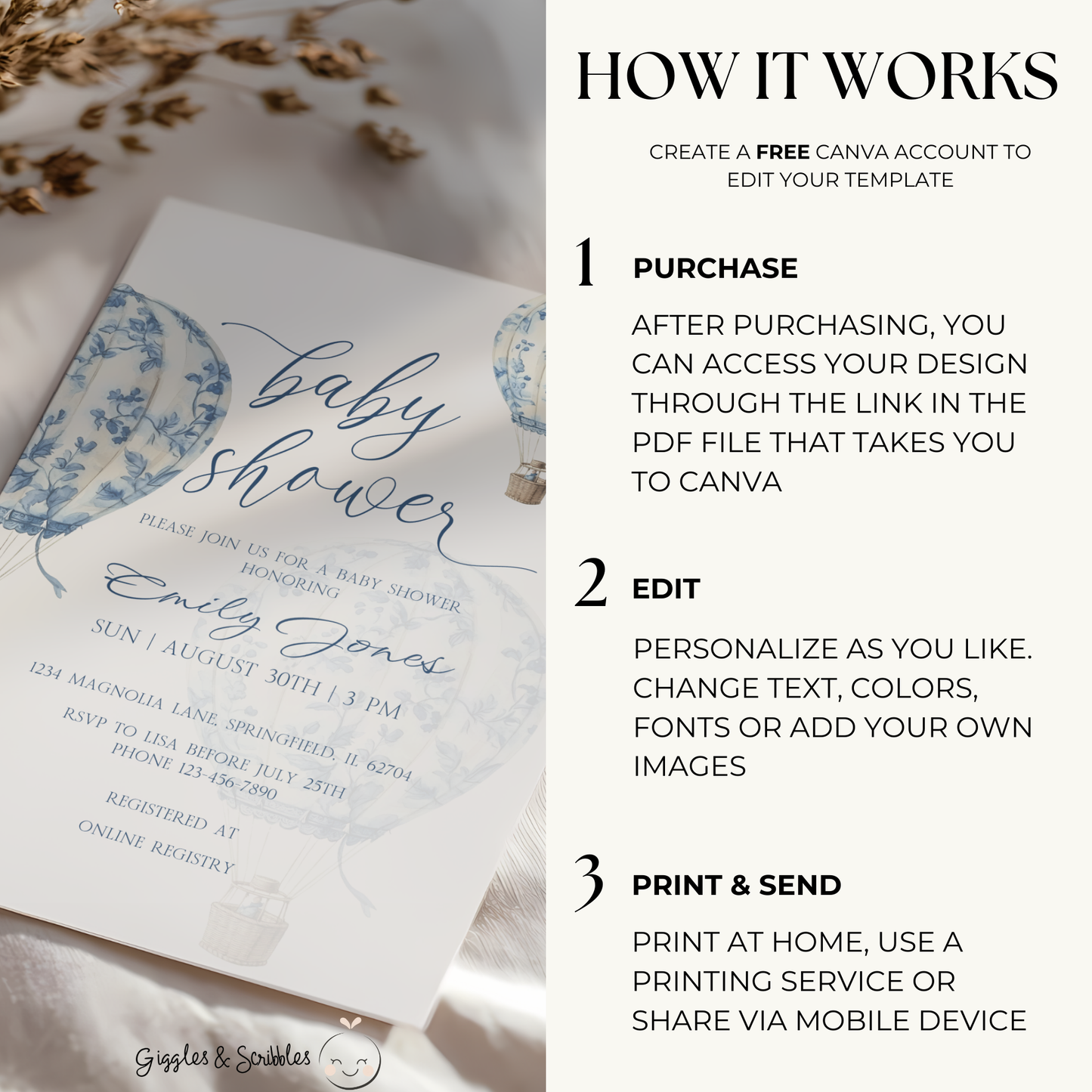 Baby Shower Invitation - Blue Toile de Jouy Hot Air Balloon Elegant BS120
