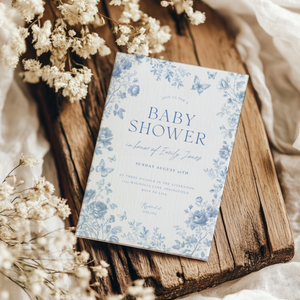 Baby Shower Invitation - Blue Toile de Jouy Elegant Vintage Florals BS187