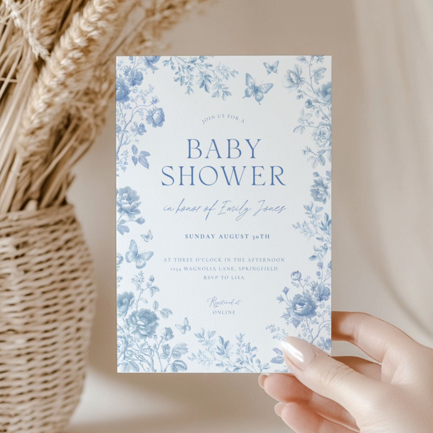 Baby Shower Invitation - Blue Toile de Jouy Elegant Vintage Florals BS187