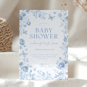Baby Shower Invitation - Blue Toile de Jouy Elegant Vintage Florals BS187