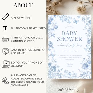 Baby Shower Invitation - Blue Toile de Jouy Elegant Vintage Florals BS187
