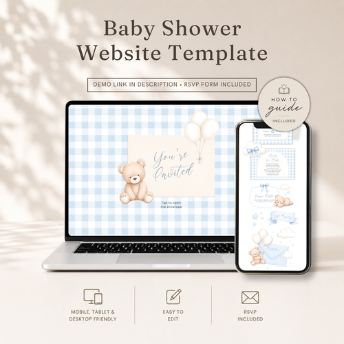 Boy Bear Baby Shower Website Template - Blue Bearly Wait Theme BS295
