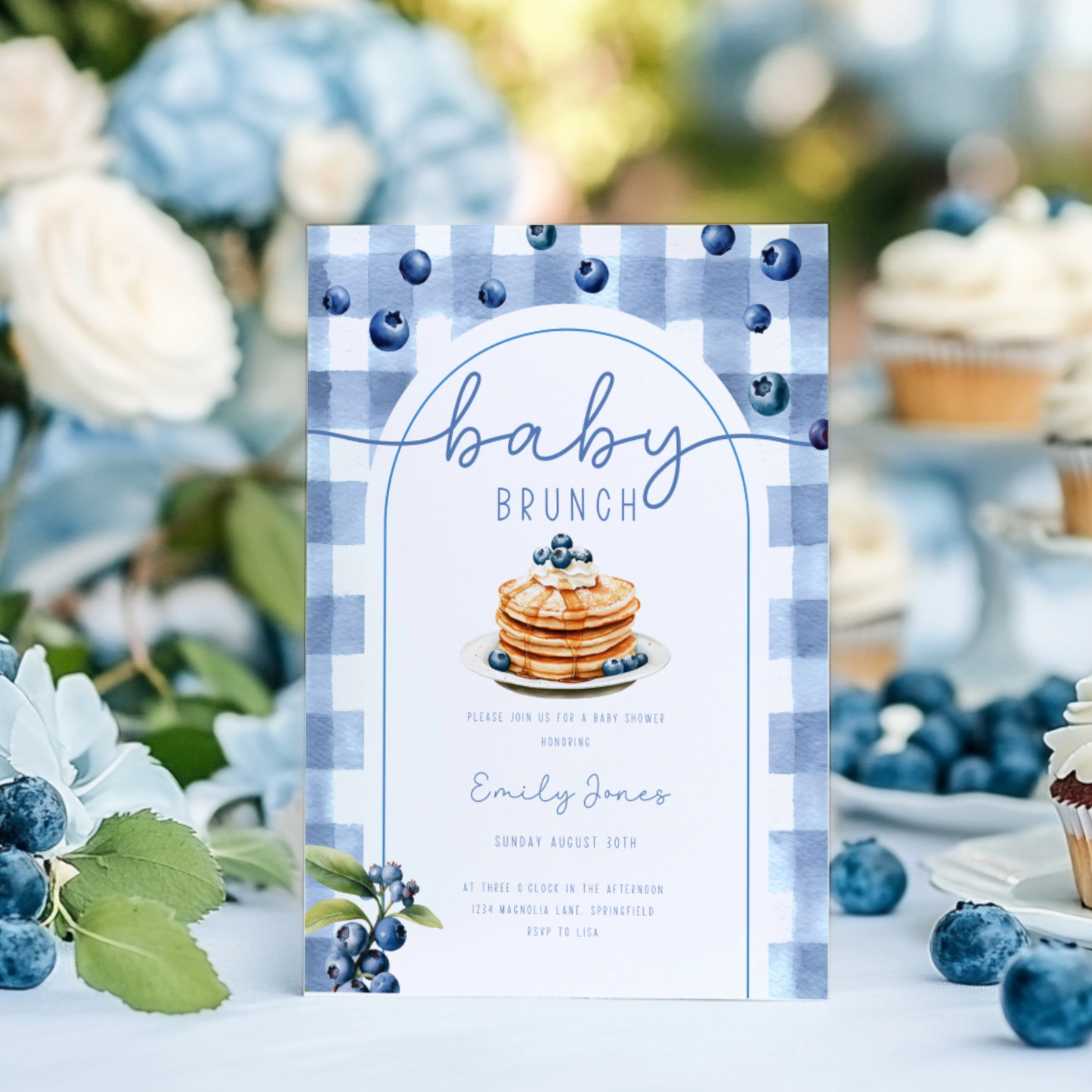 Baby Shower Invitation - Baby Brunch Blueberry Pancakes BS192